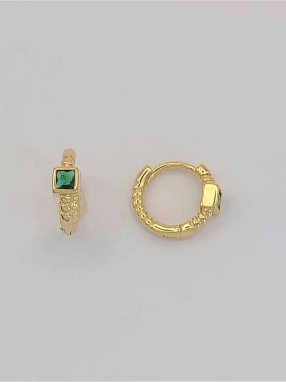 Gold Huggie Hoop Earrings with Green Gemstone